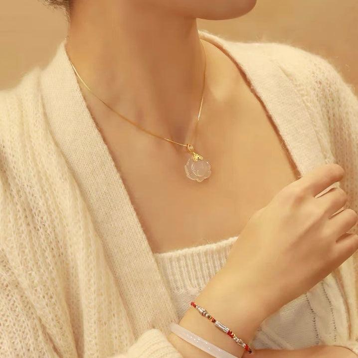 Natural White Jade Lotus Necklace