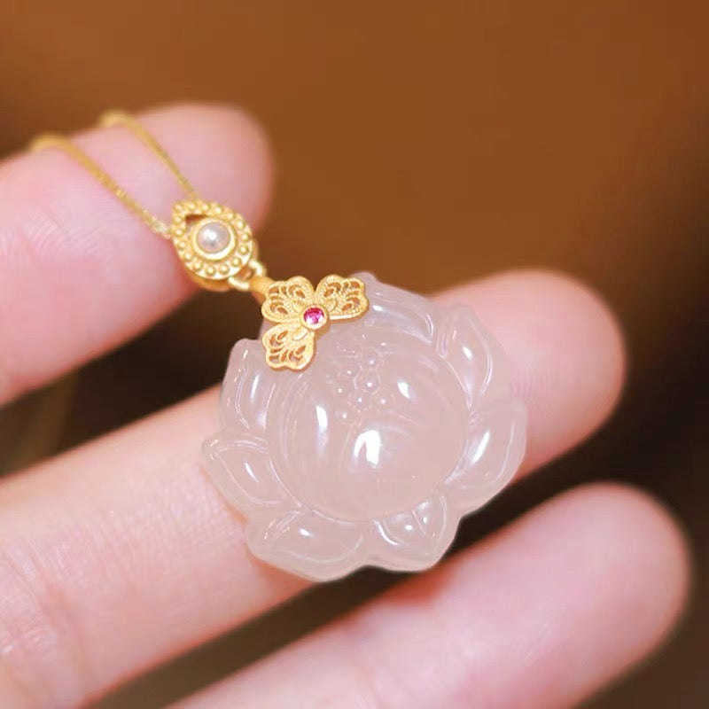 Natural White Jade Lotus Necklace