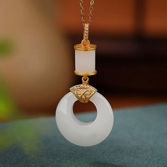 Natural White Jade Peace Buckle Healing Pendant