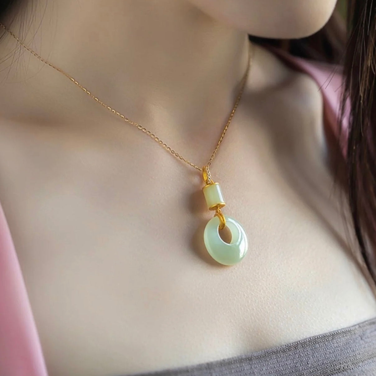 Natural White Jade Peace Buckle Healing Pendant