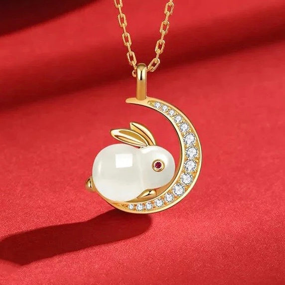 Natural Hetian Jade Rabbit & Moon Auspicious Pendant