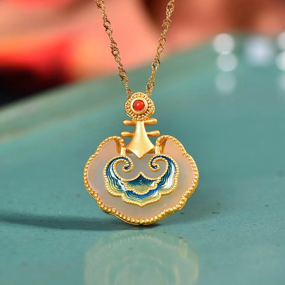Feng Shui Auspicious Clouds White Jade Necklace