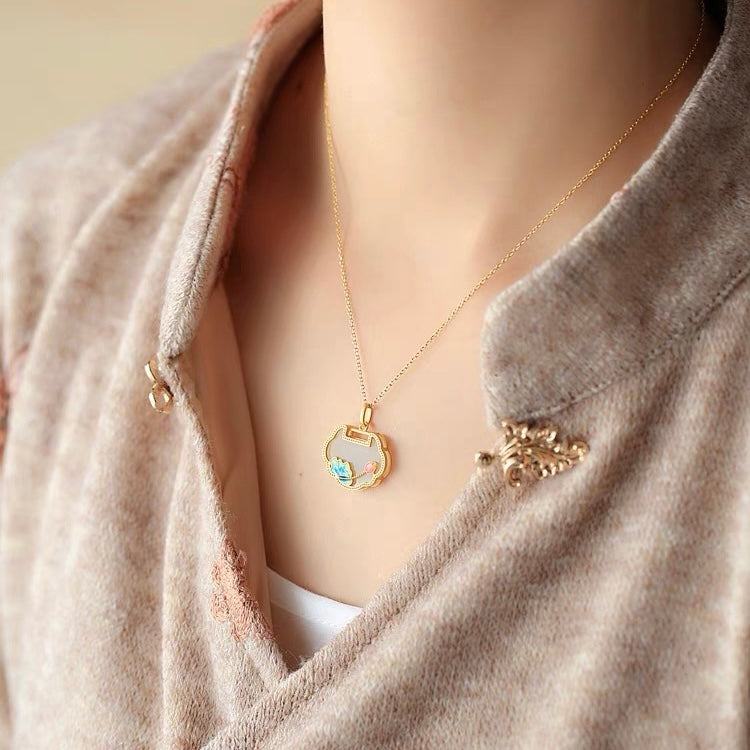 Feng Shui Lotus Pond Koi White Jade Necklace