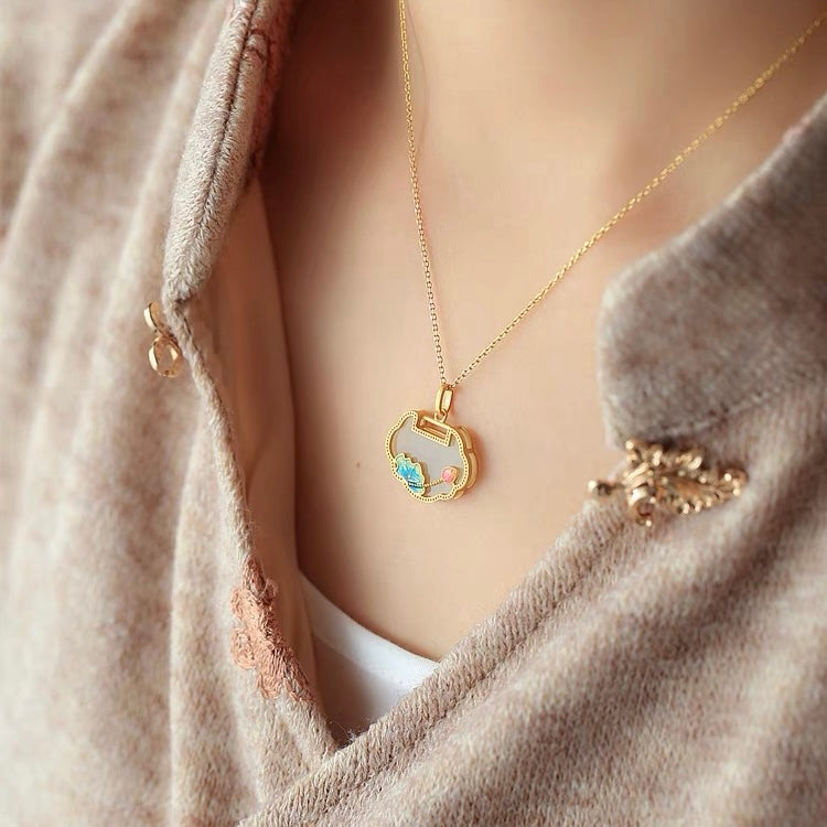 Feng Shui Lotus Pond Koi White Jade Necklace