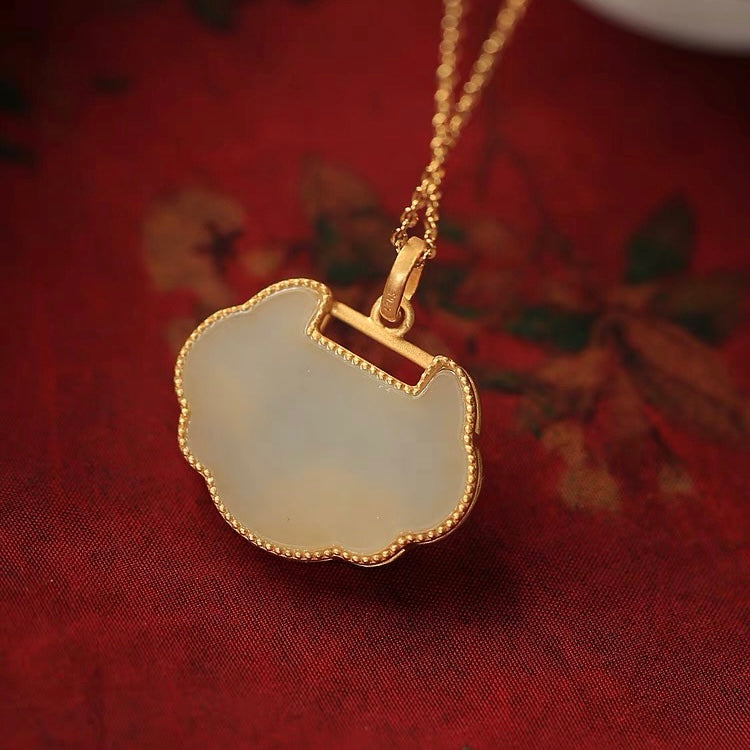 Feng Shui Lotus Pond Koi White Jade Necklace