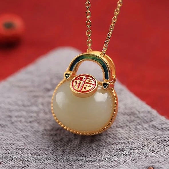 Feng Shui Lucky Bag White Jade Necklace