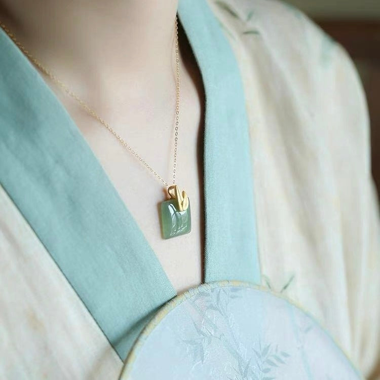 Feng Shui Bamboo Leaves Green Jade Peace Pendant