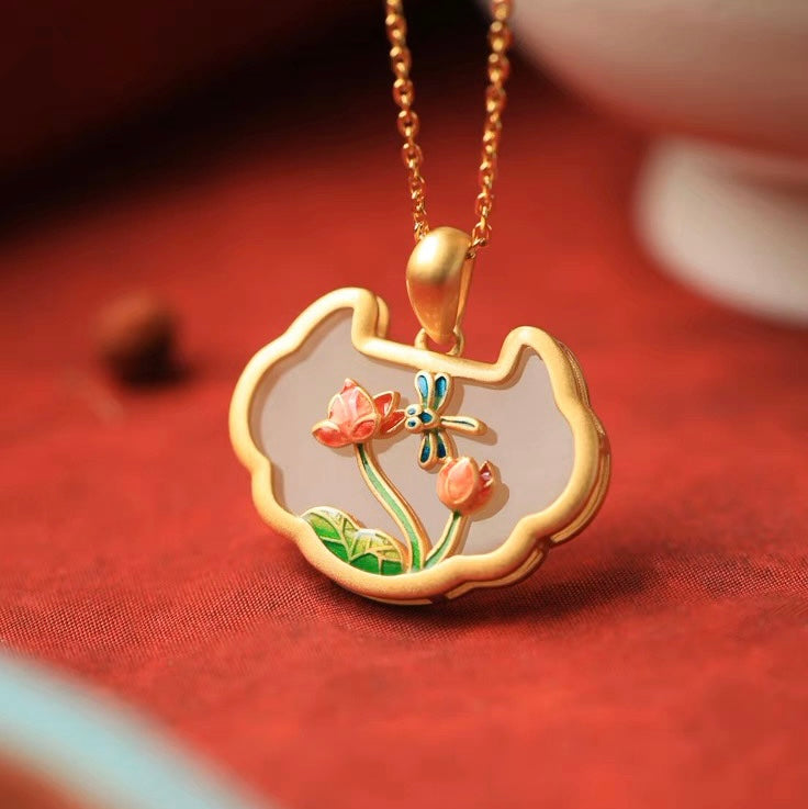 Natural Hetian jade Dragonfly Lotus Protection necklace
