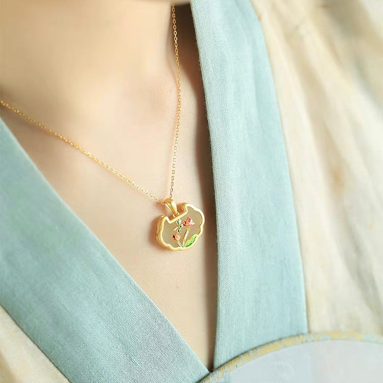 Natural Hetian jade Dragonfly Lotus Protection necklace