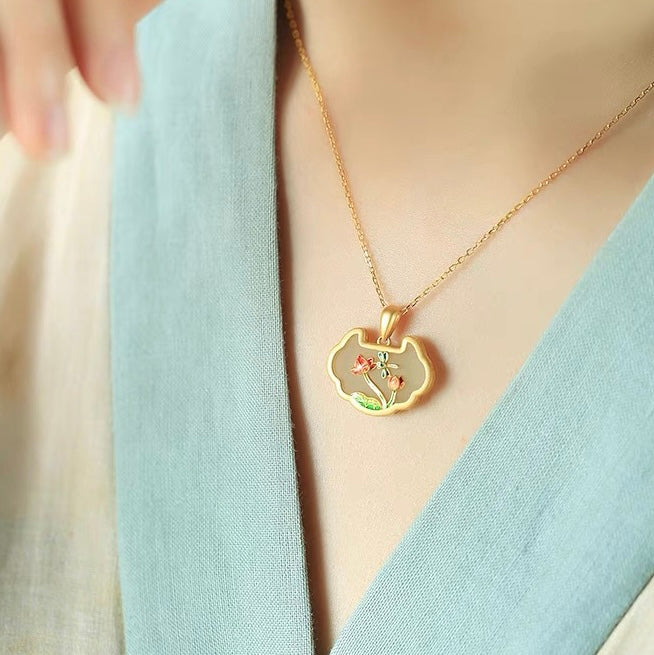 Natural Hetian jade Dragonfly Lotus Protection necklace