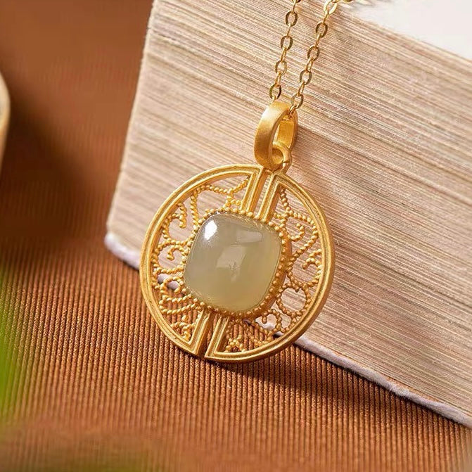 Natural Hetian Jade Hollow Carving Auspicious Necklace