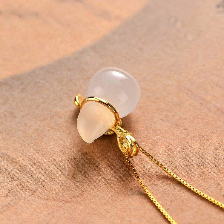 Hetian White Jade Hulou Lotus Leaf Pendant Necklace