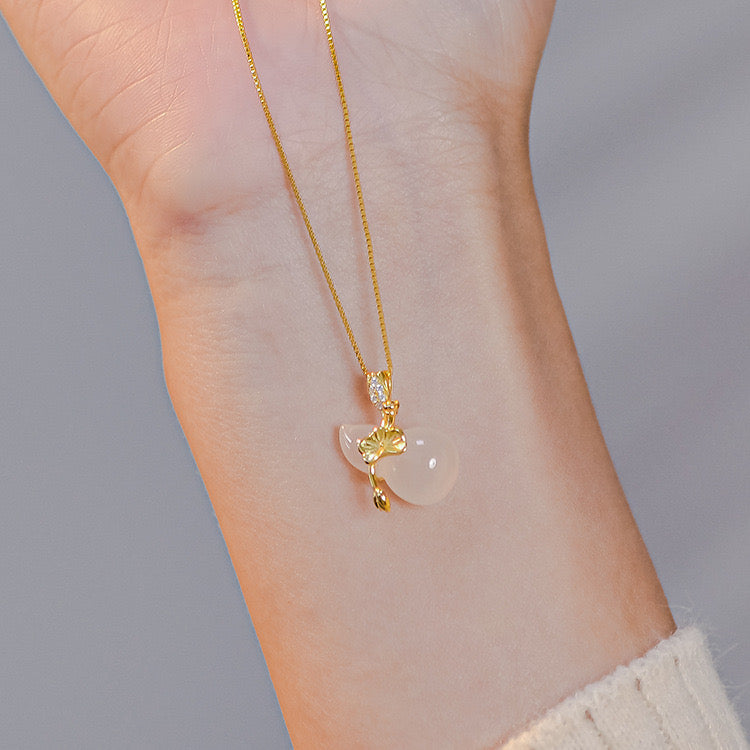 Hetian White Jade Hulou Lotus Leaf Pendant Necklace