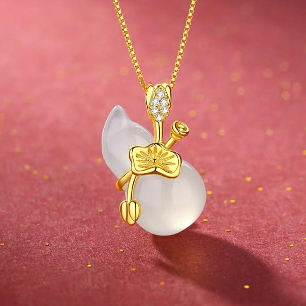 Hetian White Jade Hulou Lotus Leaf Pendant Necklace