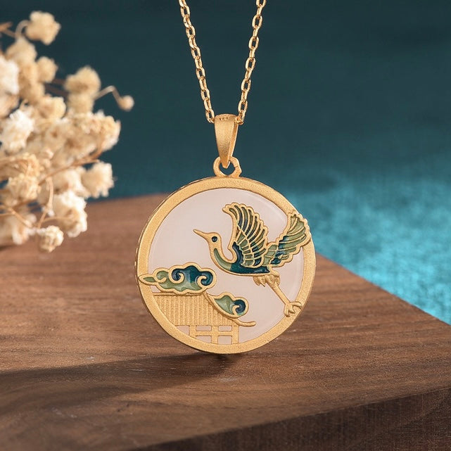 Feng Shui Enamel Crane & cloud Jade Necklace