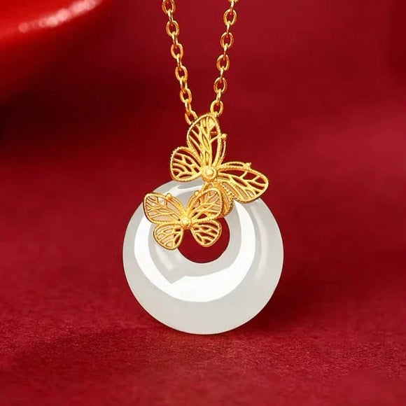 Natural Hetian Jade Longevity Lock Double Butterfly Necklace
