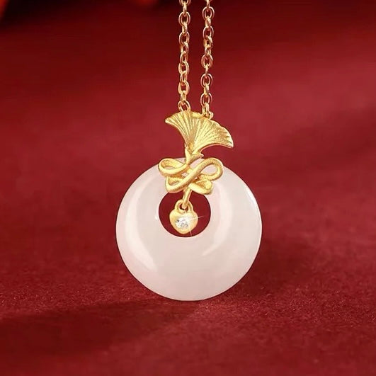 Natural Hetian Jade Longevity Lock Ginkgo biloba Necklace