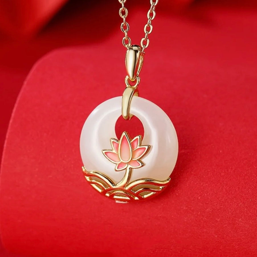 Natural Hetian Jade Longevity Lock Lotus Necklace