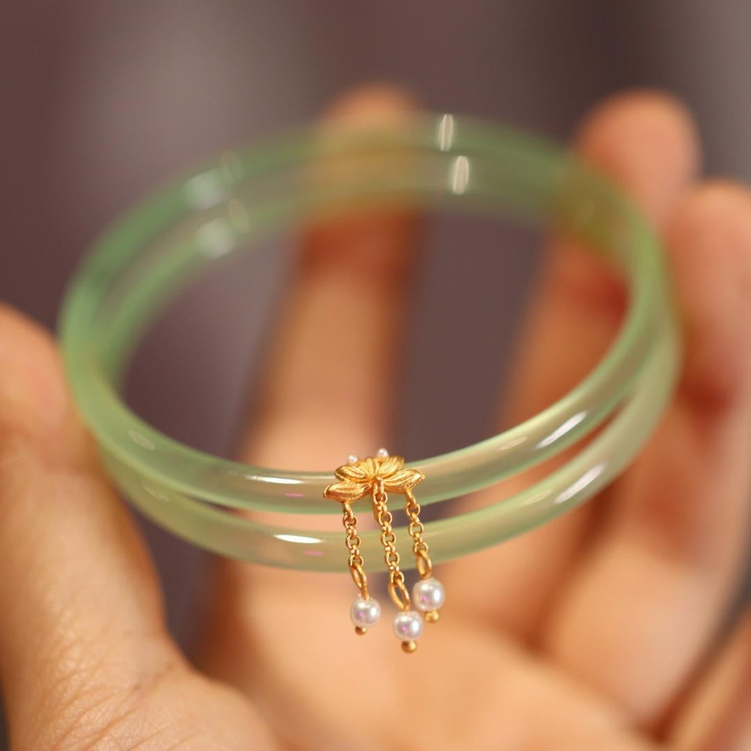 Natural Green Jade Lotus Double Bangle