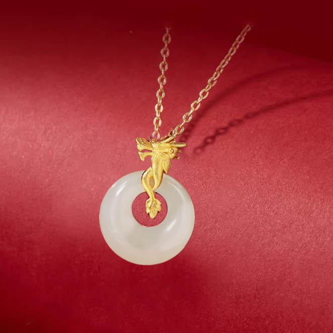 Natural Hetian Jade Longevity Lock Dragon Necklace