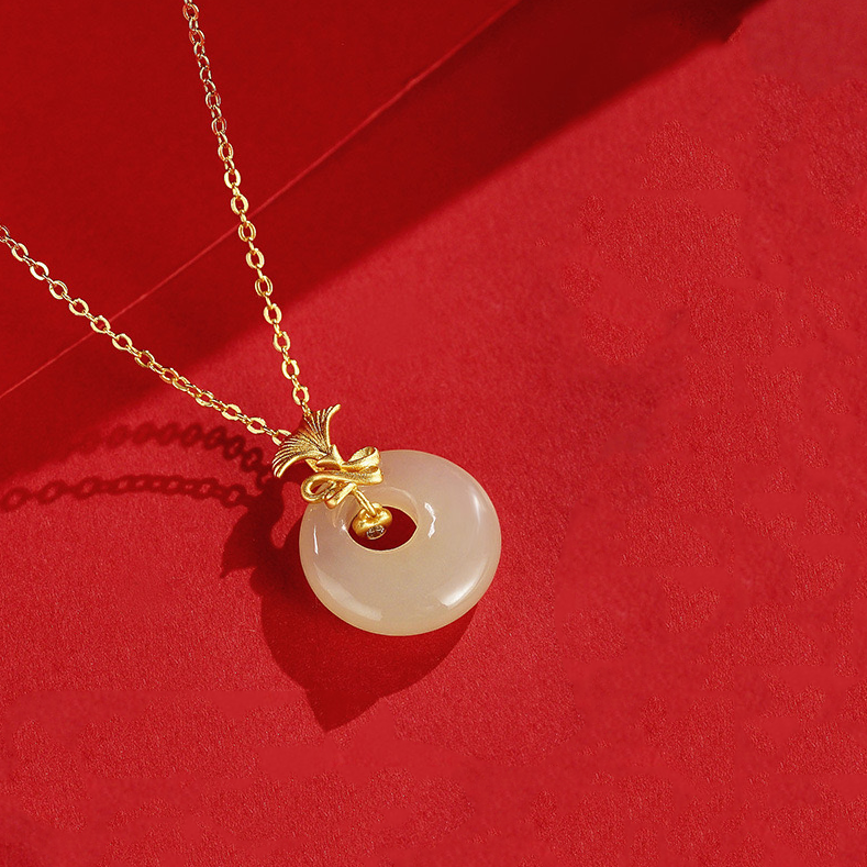 Natural Hetian Jade Longevity Lock Ginkgo biloba Necklace