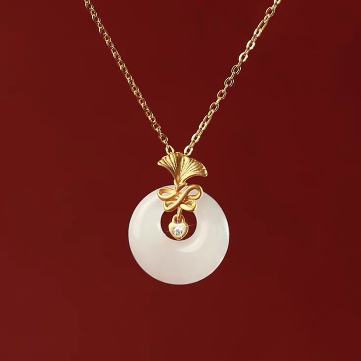 Natural Hetian Jade Longevity Lock Ginkgo biloba Necklace