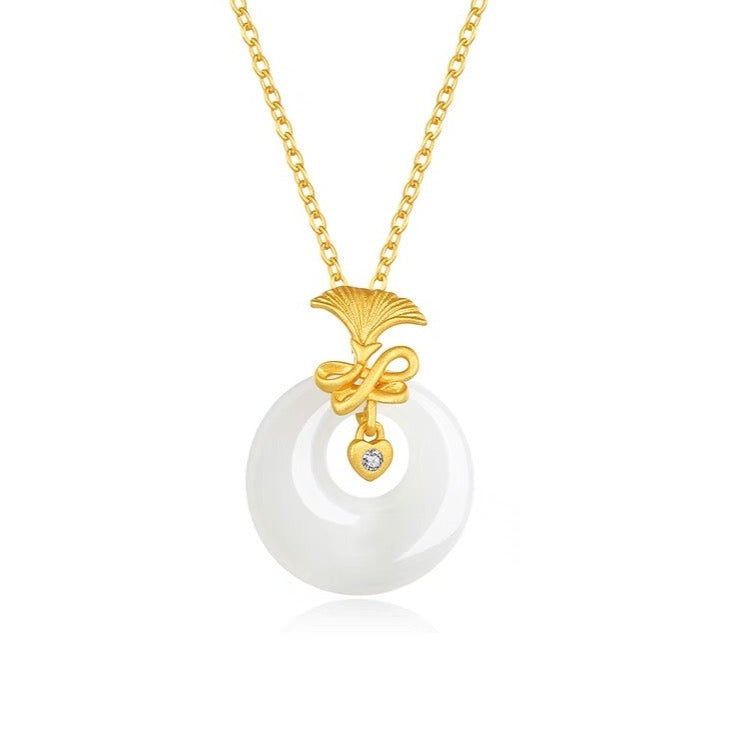 Natural Hetian Jade Longevity Lock Ginkgo biloba Necklace