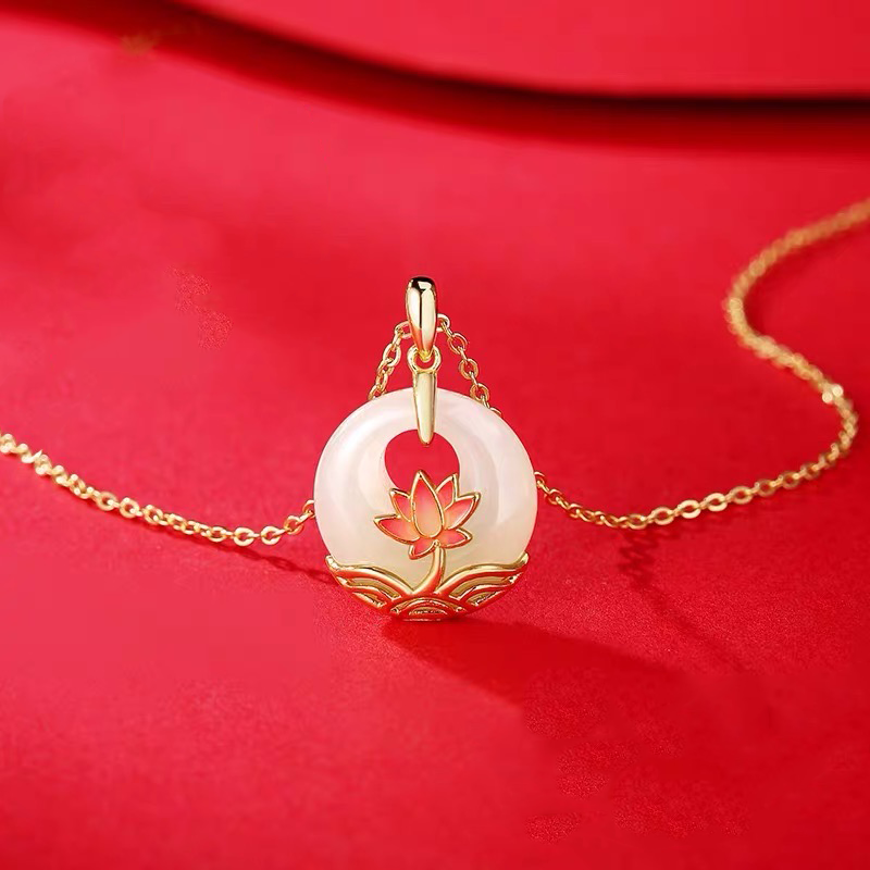 Natural Hetian Jade Longevity Lock Lotus Necklace