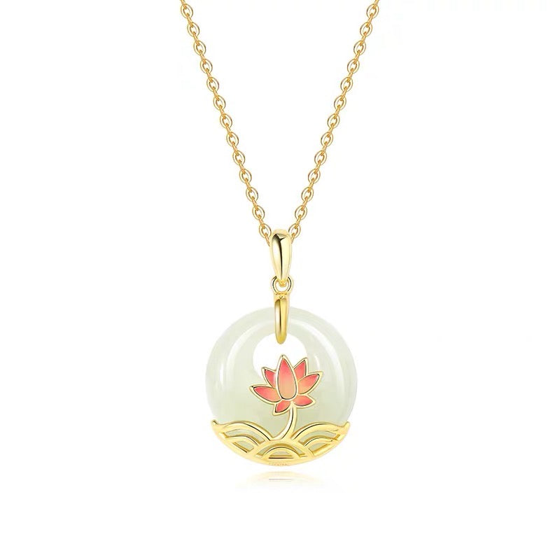 Natural Hetian Jade Longevity Lock Lotus Necklace