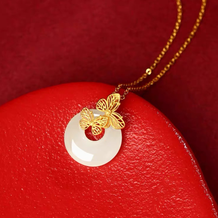 Natural Hetian Jade Longevity Lock Double Butterfly Necklace