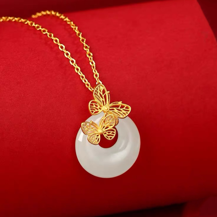 Natural Hetian Jade Longevity Lock Double Butterfly Necklace