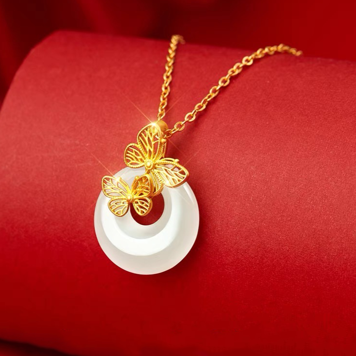Natural Hetian Jade Longevity Lock Double Butterfly Necklace