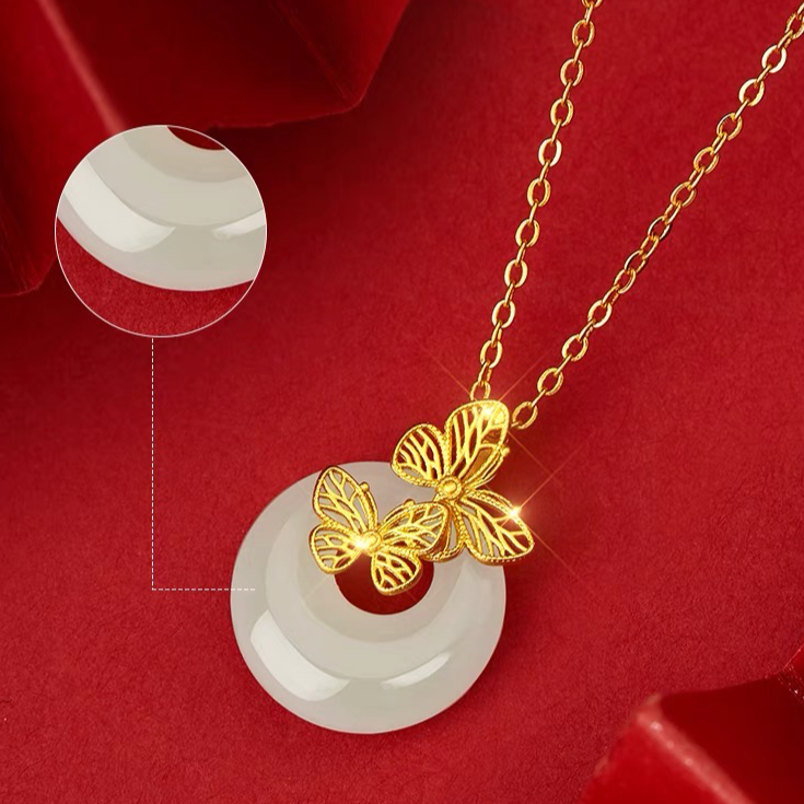 Natural Hetian Jade Longevity Lock Double Butterfly Necklace