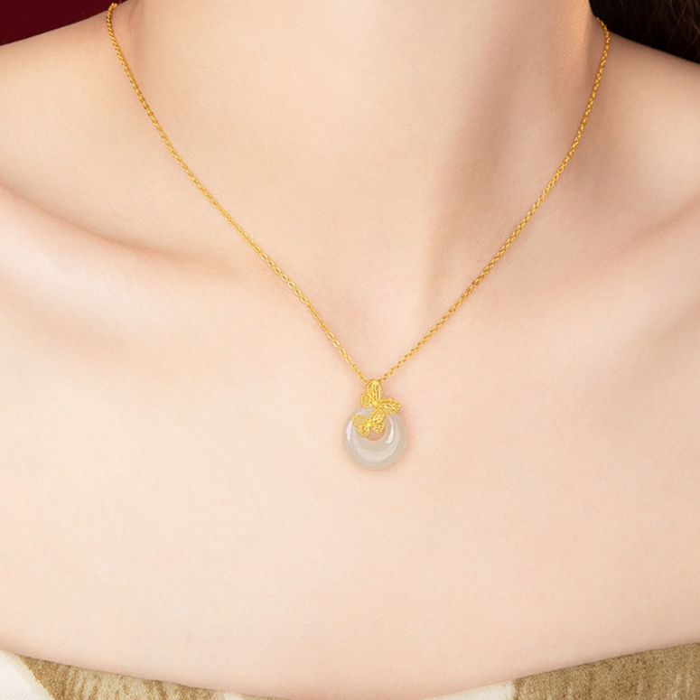 Natural Hetian Jade Longevity Lock Double Butterfly Necklace