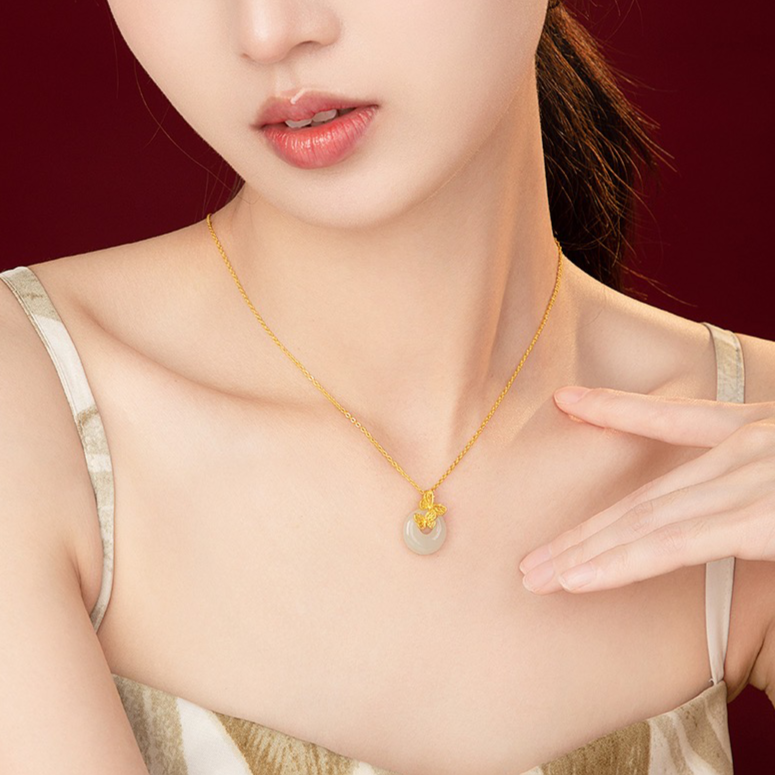 Natural Hetian Jade Longevity Lock Double Butterfly Necklace