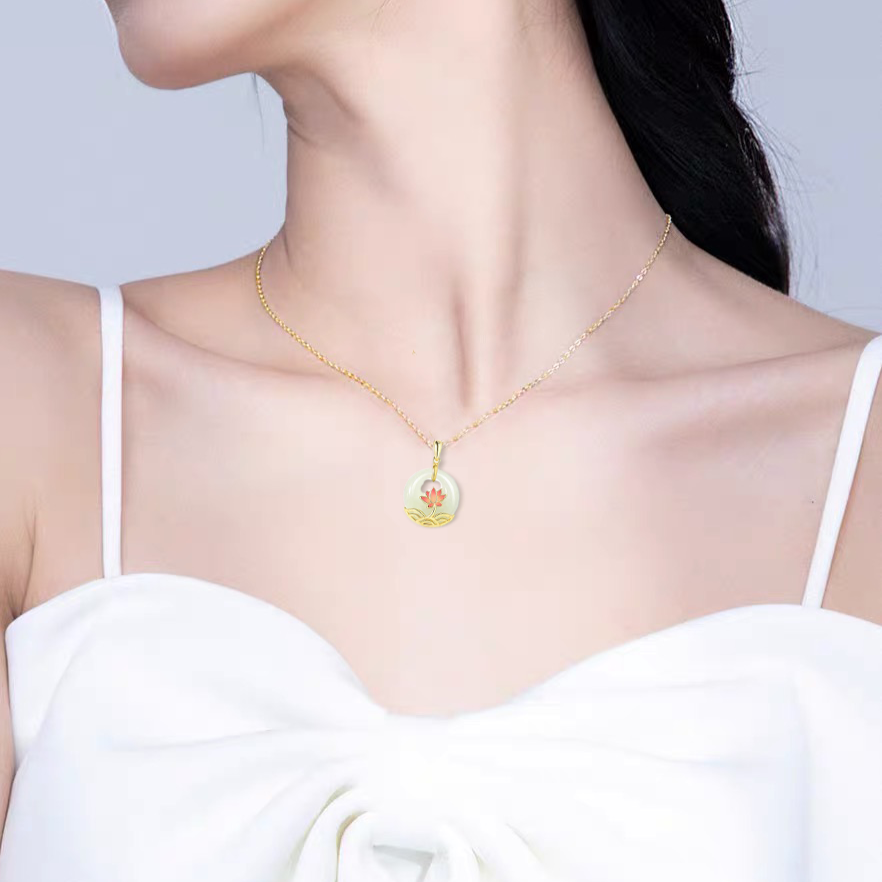 Natural Hetian Jade Longevity Lock Lotus Necklace