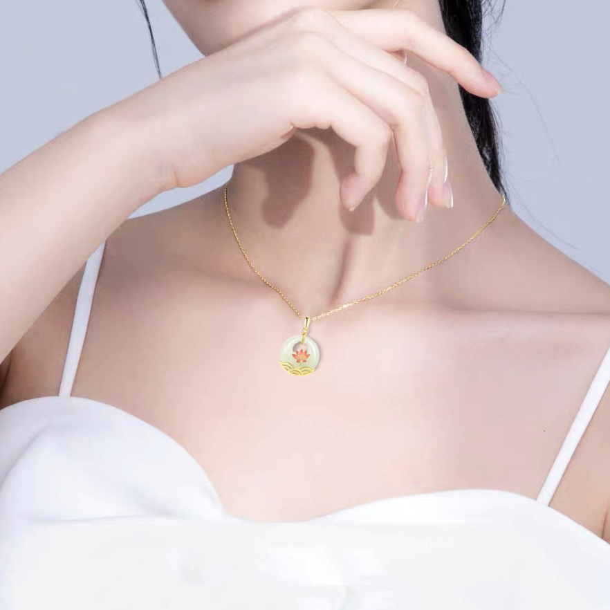 Natural Hetian Jade Longevity Lock Lotus Necklace