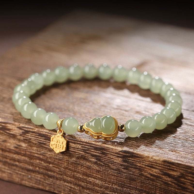 Natural Hetian Green Jade Feng Shui Calabash Bracelet
