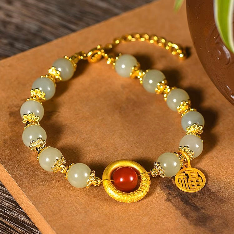 Natural Green Jade Dragon Pattern Lucky Bead Bracelet