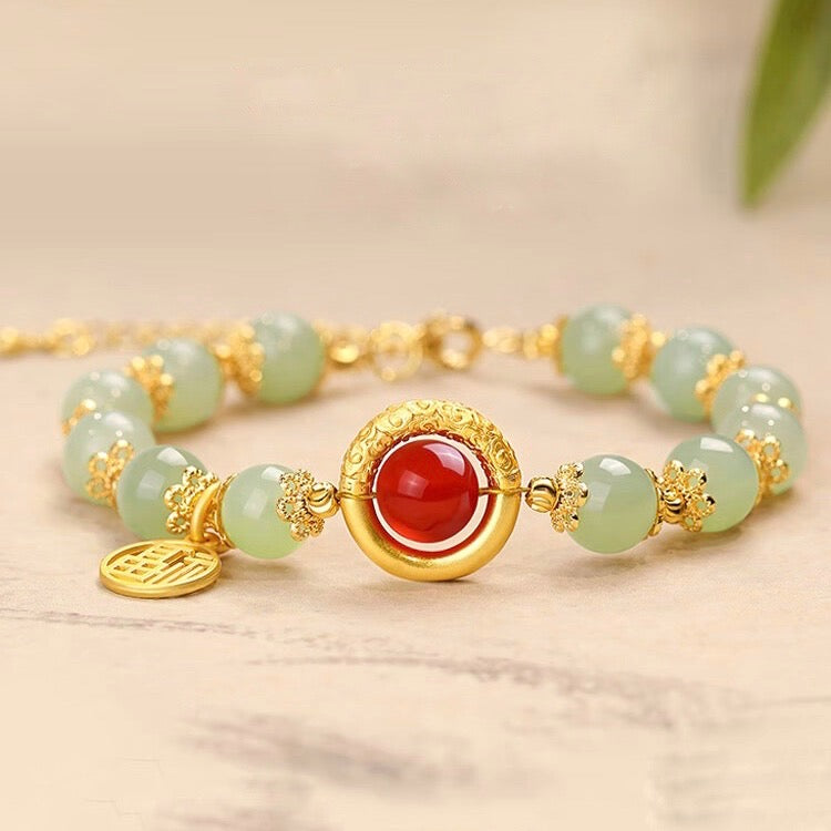 Natural Green Jade Dragon Pattern Lucky Bead Bracelet