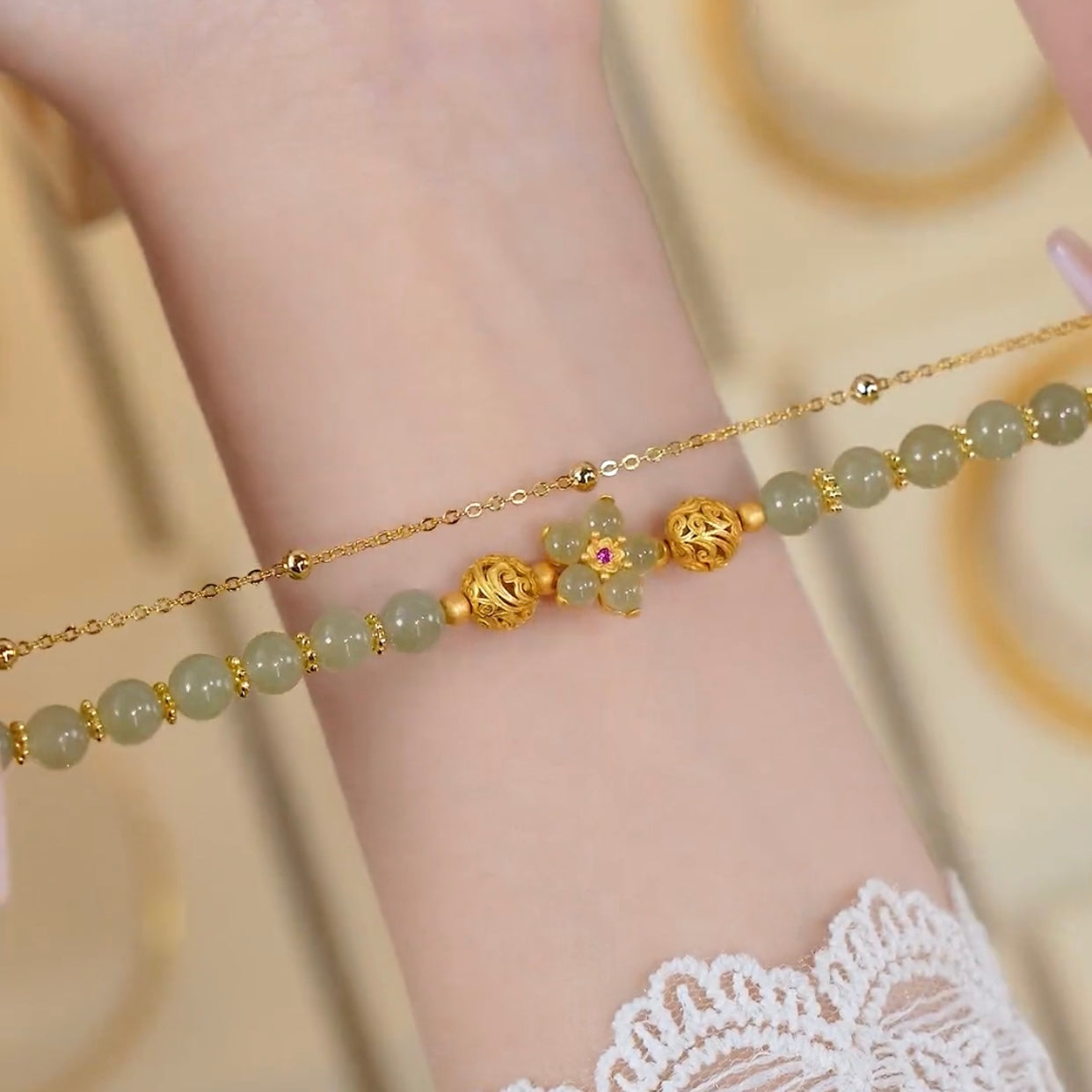 Natural Green Jade Peach Blossom Peace Bracelet