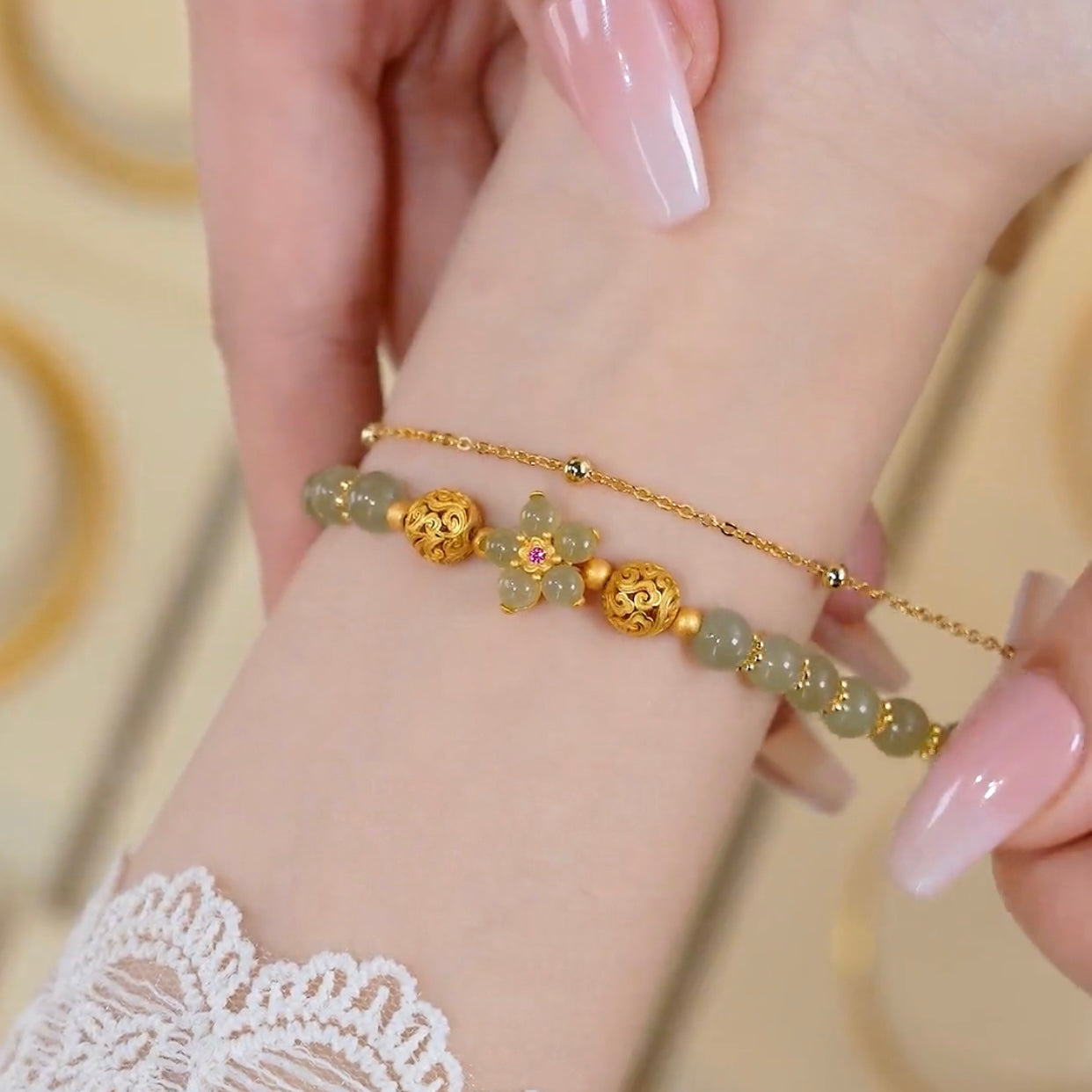 Natural Green Jade Peach Blossom Peace Bracelet