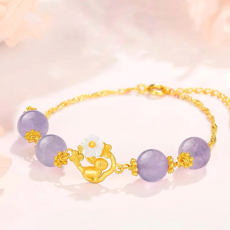 Natural Purple Jade Feng Shui Rabbit & Flower Bracelet