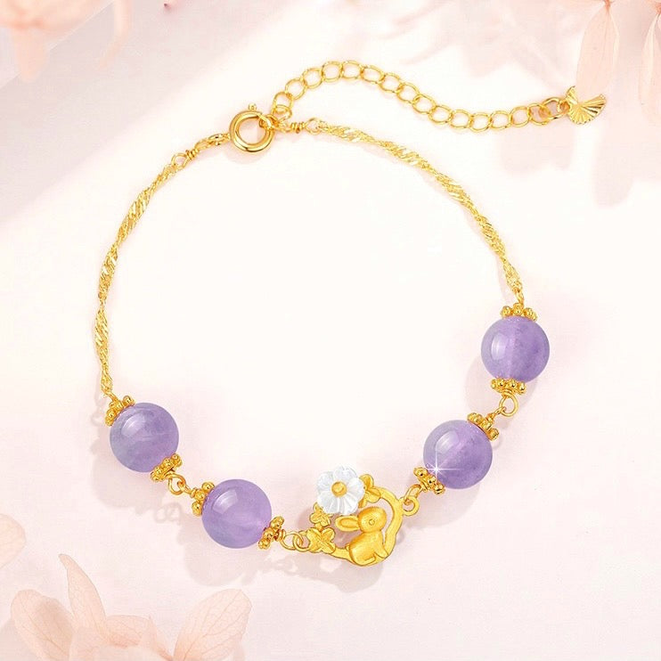 Natural Purple Jade Feng Shui Rabbit & Flower Bracelet