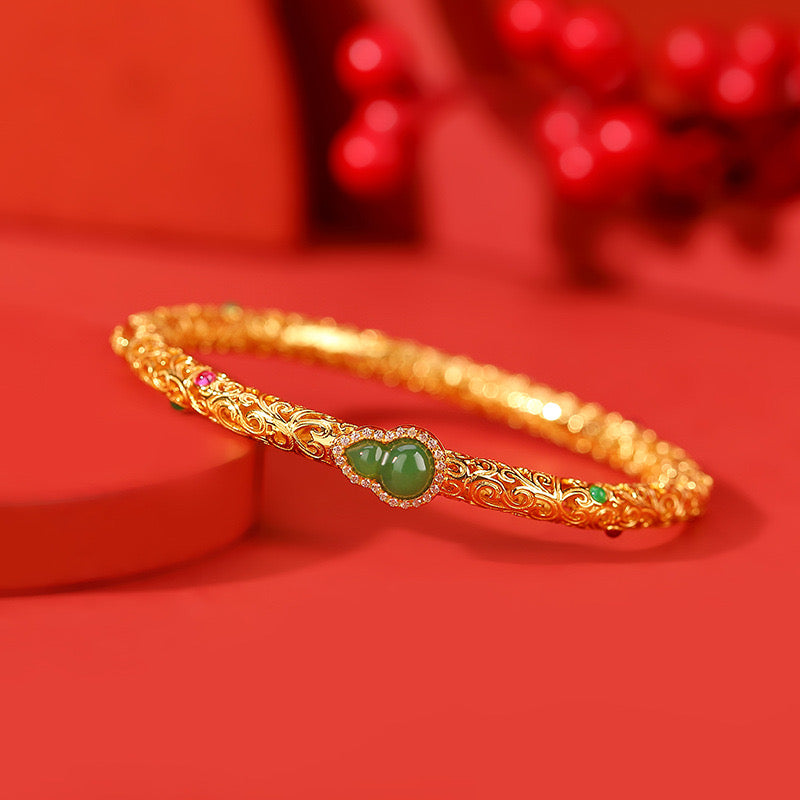 Natural Hetian Jade Calabash Enamel Cloud Ancient Royal Bangle