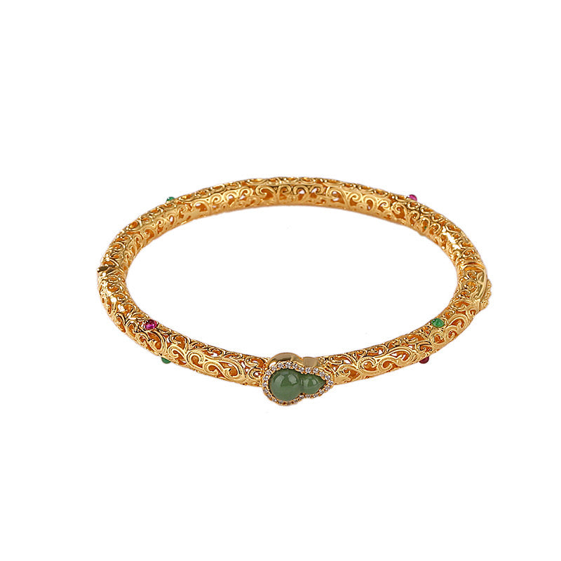 Natural Hetian Jade Calabash Enamel Cloud Ancient Royal Bangle