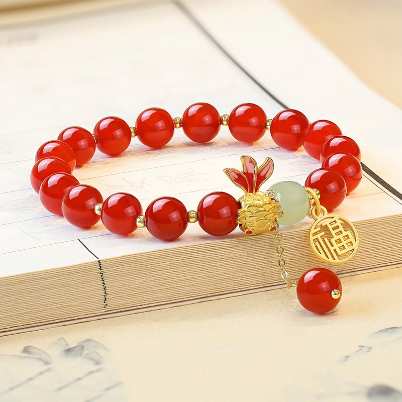Natural Hetian Jade & Red Agate Koi Fish Blessing Bracelet