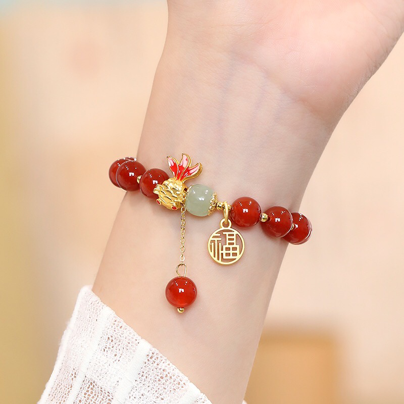 Natural Hetian Jade & Red Agate Koi Fish Blessing Bracelet