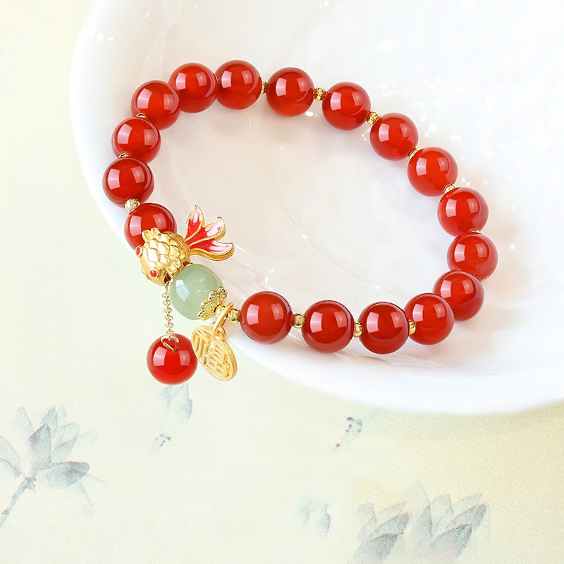 Natural Hetian Jade & Red Agate Koi Fish Blessing Bracelet