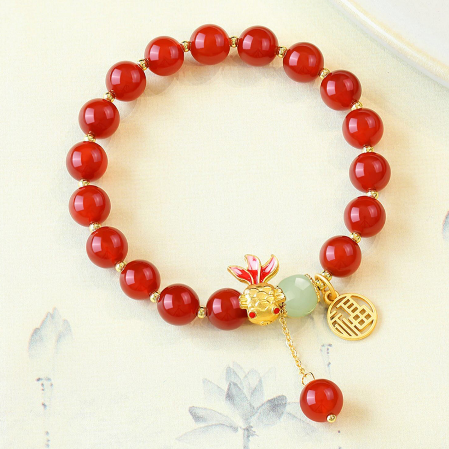 Natural Hetian Jade & Red Agate Koi Fish Blessing Bracelet